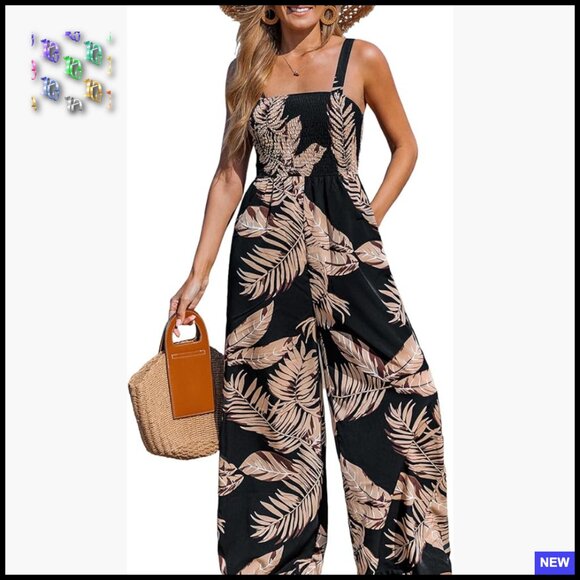 Floral Jumpsuit Square Neck Sleeveless Loose Fit Wide Leg Boho Summer Outfit